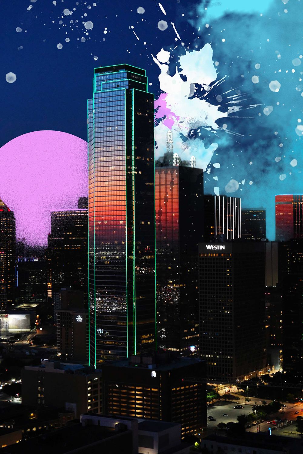 ville de nuit avec peinture dans le ciel